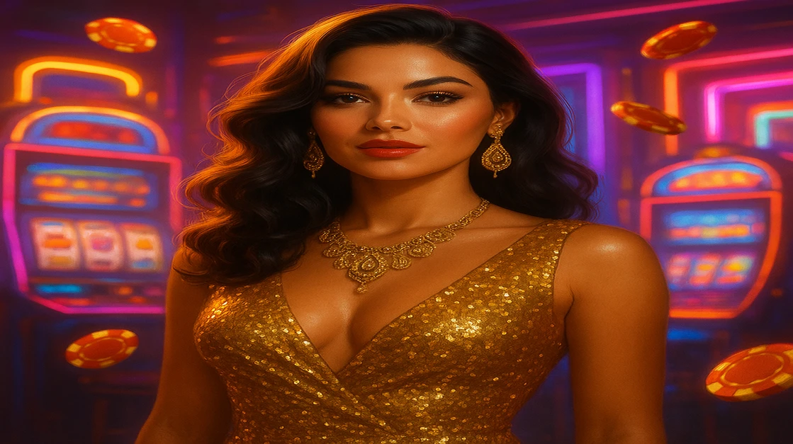 একটি সুন্দর নারী, ঝলমলে সোনালি পোশাক ও নরম অলংকার পরে, একটি বিলাসবহুল গেমিং প্ল্যাটফর্মে হাসেন; রঙিন আরকেড খেলার সারি ও ভাসমান চিপস মিলিয়ে একটি আভিজাত্যময় পরিবেশ cbaj-এ তৈরি হচ্ছে।
