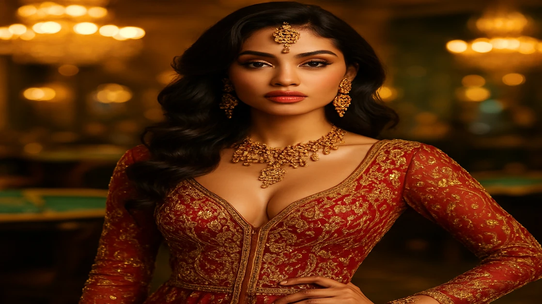 cbaj-এ বিলাসবহুল গেমিং প্ল্যাটফর্মে একটি সুন্দরী নারী লাল ও সোনালি ঐতিহ্যবাহী পোশাকে হাসিমুখে, পাশে টেবিল-গেম ও আর্কেড ইন্টারফেস স্পষ্ট দেখা যায়; cbaj-এ বাংলাদেশের থিমভিত্তিক সমৃদ্ধ গেমগুলোর প্রতিনিধিত্ব করছে।