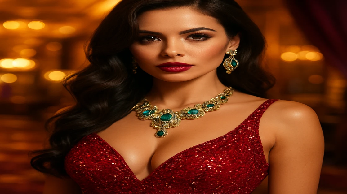 লম্বা তরঙ্গালোচনাময় চুল ও চকচকে টপ পরা একটি সুন্দরী নারী বিলাসবহুল, উষ্ণ আলোতে জ্বলজ্বল করা গেমিং প্ল্যাটফর্মে মার্জিত হাসিতে হাসেন, এর পেছনে cbaj আর্কেড গেমগুলোর সারিগুলো দেখা যাচ্ছে।