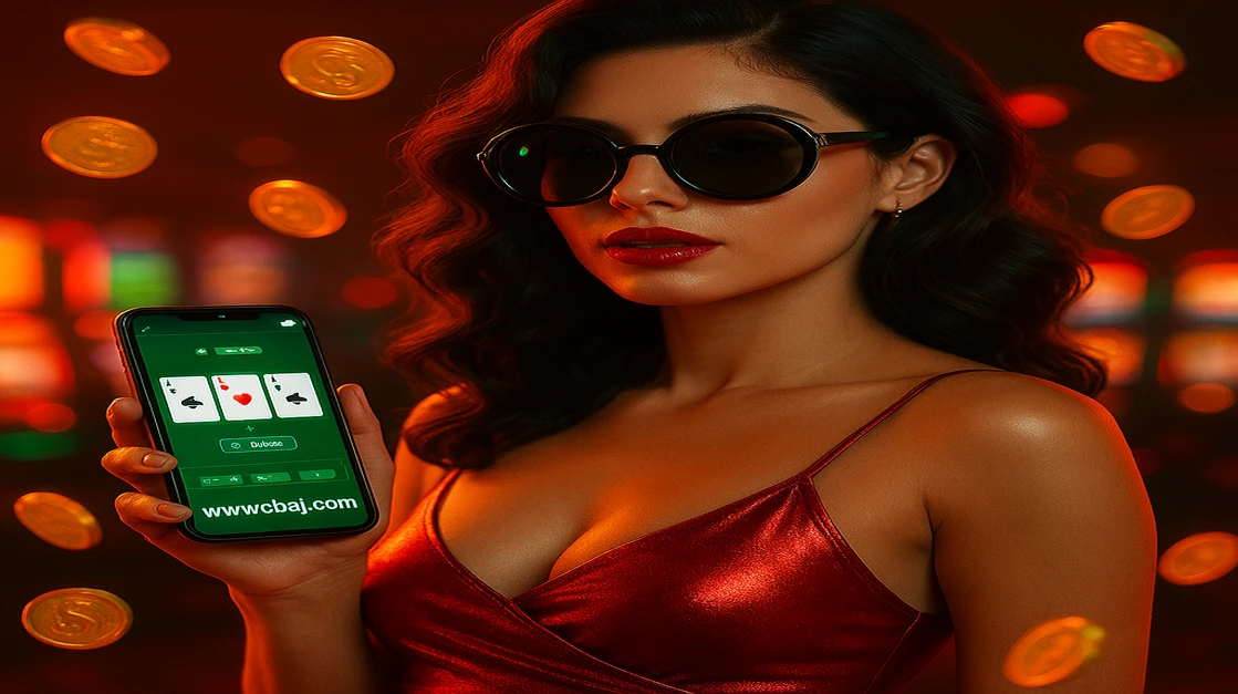 চটপটে কার্লি চুল ও স্টাইলিশ সানগ্লাস পরা একজন নারীর হাতে একটি স্মার্টফোন তুলে একটি জয়ী হাত দেখাচ্ছেন একটি গেম অ্যাপে; cbaj-এ খেলতে ও জিততে আপনাকে আমন্ত্রণ জানাচ্ছেন।